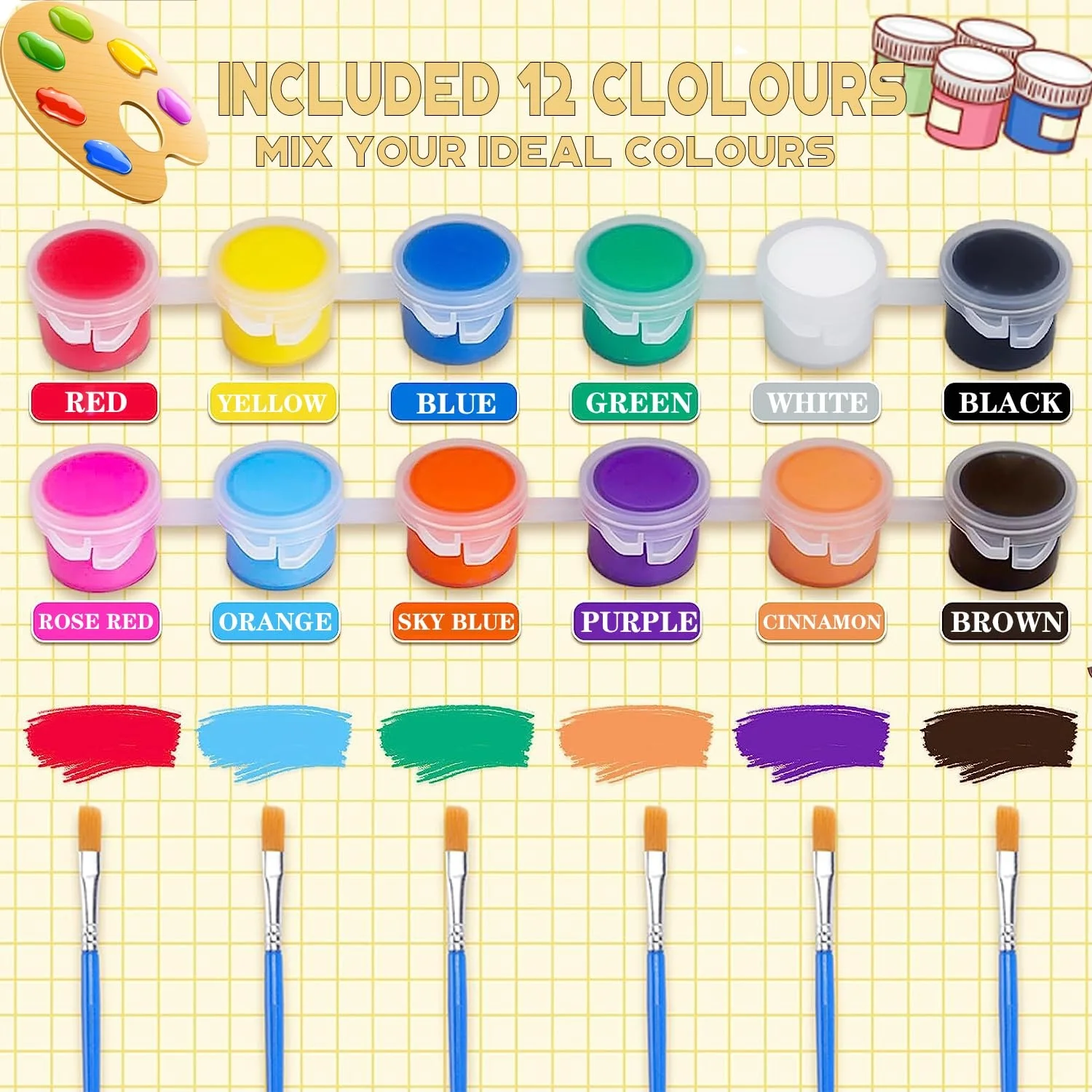 Popular promotional  Mini Acrylic Paint Set for 12 Colors  3ml Washable Acrylic Paint Strips with 40 Paint Brushes