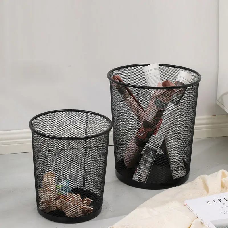 Minimalist Design Trash Bin Office Home Kitchen Black Metal Iron Mesh Garbage Can