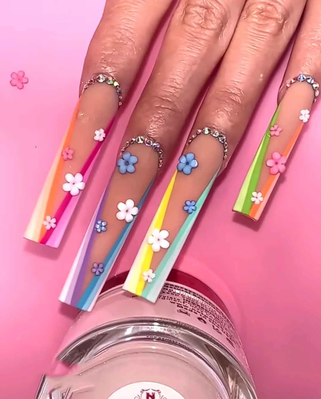 Handmade black moon and rainbow line print  ballerina new press on nails thick 10 pcs in one