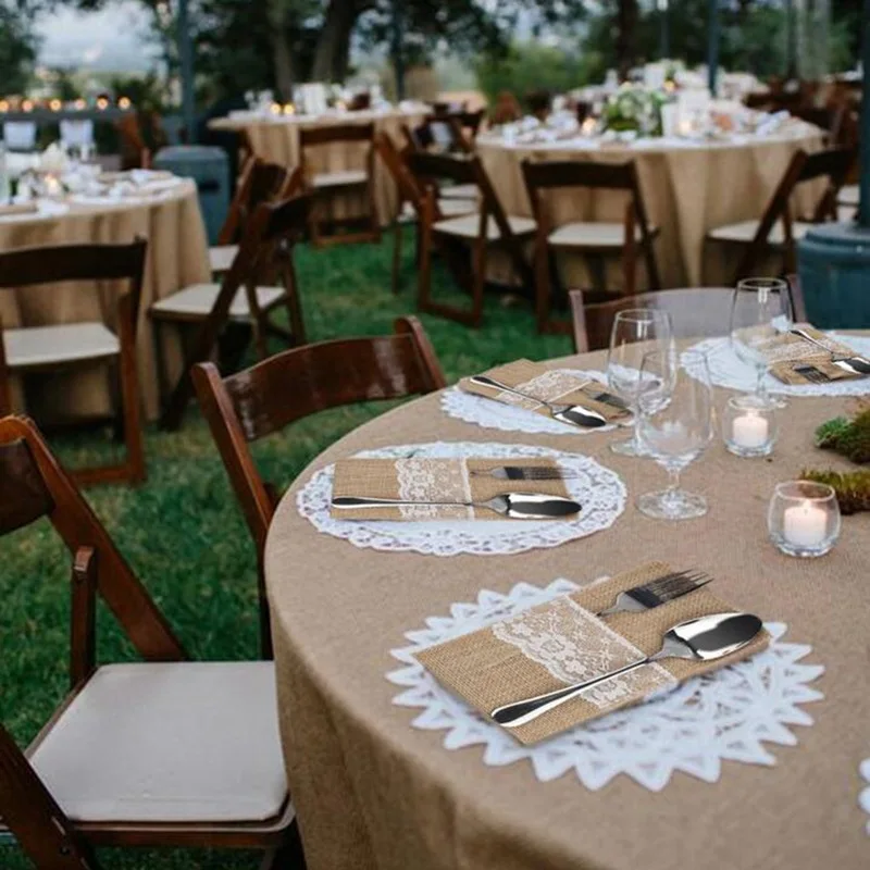 10Pcs Burlap Lace Cutlery Pouch Rustic Wedding Tableware Knife Fork Holder Bag Hessian Jute Table Decoration Accessories