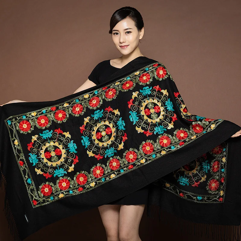 New Ladies Soft Pashmina Scarves Shawls Wholesale Winter Warm Women Tassel Embroidered Flower Cashmere Scarf For Girls