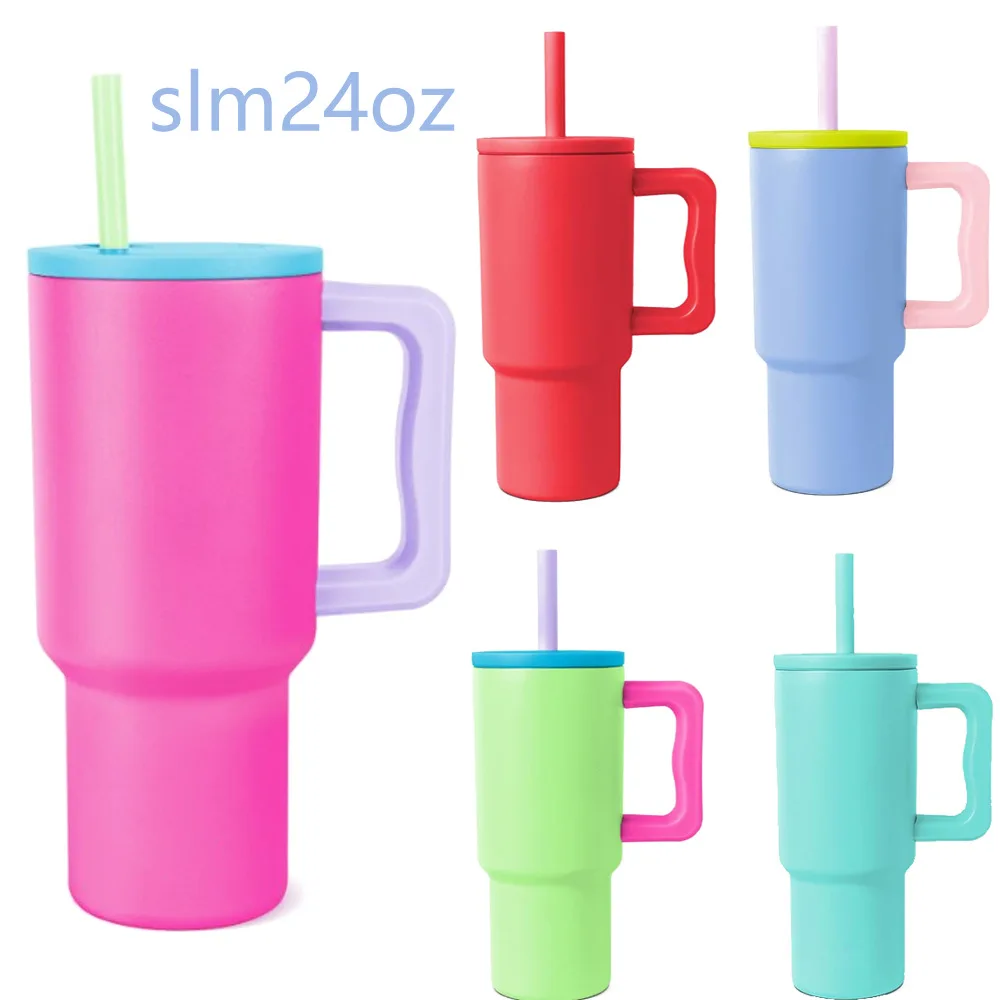 Silicone Straw Lid Stainless Steel Cup Kids 24oz Tumbler with Handle