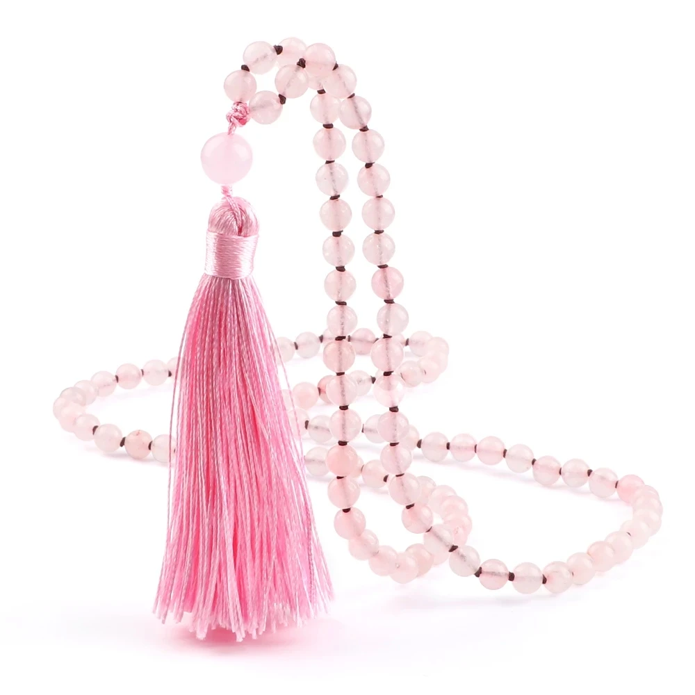 Pink Quartz 108 Prayer Beads Necklace Women Crystal Tassel Knotted Long Mala Necklaces