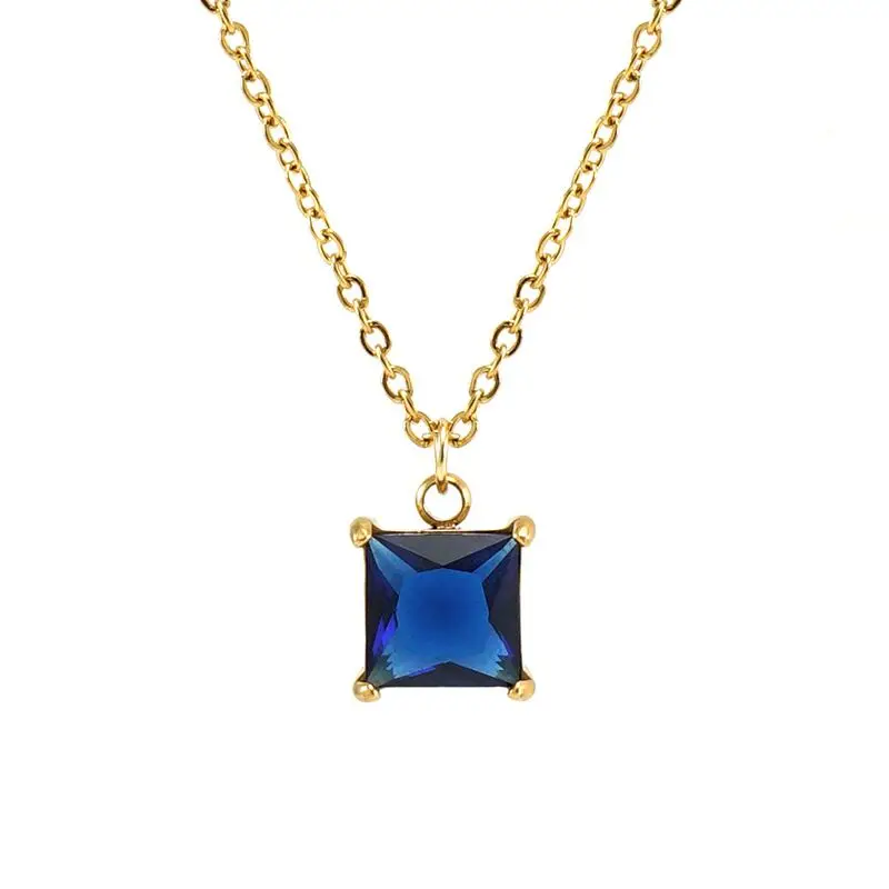 Wholesale Trendy Blue Green Black 10MM Zirconia Jewelry Stainless Steel 18K Gold Plated Square Zircon Diamond Pendant Necklace