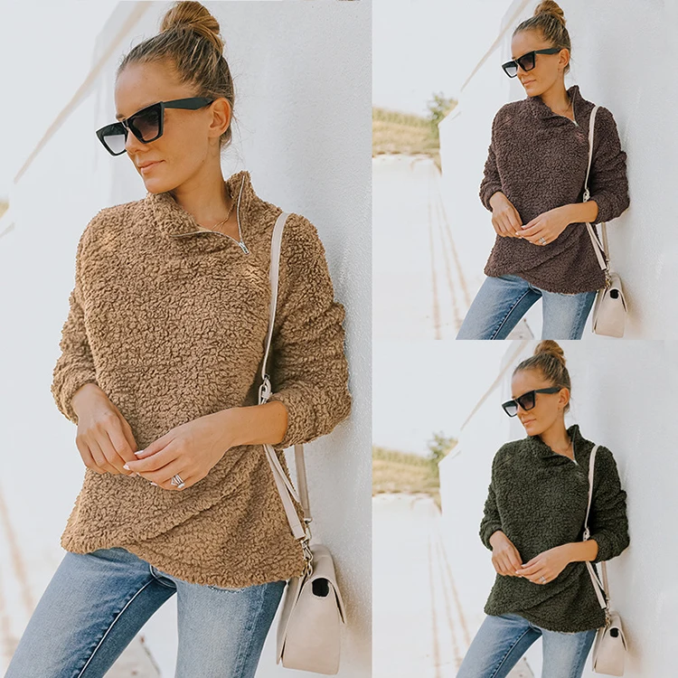 Custom Casual Women Sweaters Zipper Turtleneck Irregular Hem Pullover Double Sided Fleece Female Tops Jumper