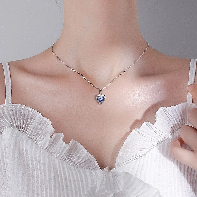 The Heart of Ocean blue CZ Inlay with Moissanite High Carbon Diamond Fine 925 silver necklace Jewelry