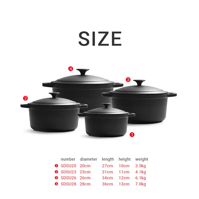 High Quality Non-stick 20cm 23cm 26cm 28cm Two Handles Sauce Pan Stew Pot Cast Iron Soup Pot With Lid
