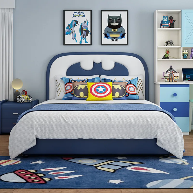 2024 Hot Selling Cartoon Bat Design Upholstered Headboard Popular Blue Child Beds Kids Room Wooden Boys Bed With Storage