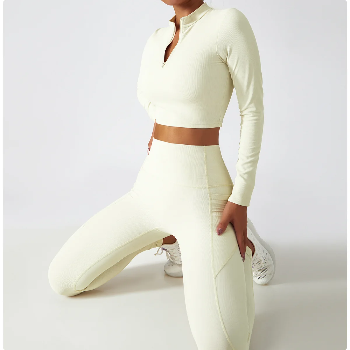 YHT NEW Zip Long Sleeve Yoga Set For Women Training Fitness Wear Tight Running Sports Workout Suit