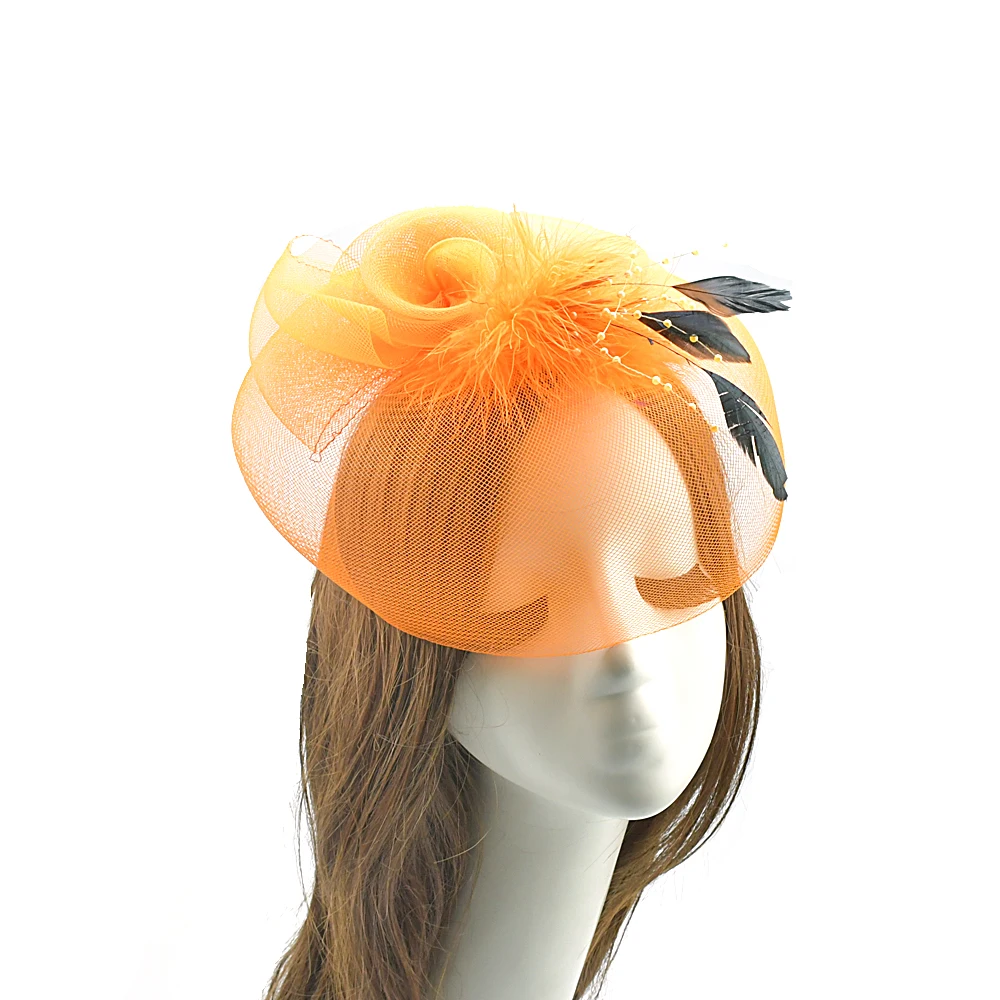 Headwear Veil Cover Hat Flower Feather Fascinator For Women Hair Clips Brooch Wedding Party Church Orange Color