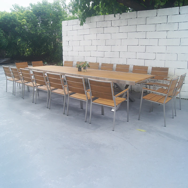 Modern luxury large size outdoor stainless steel teak table garden furniture set