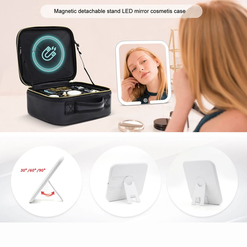 Portable make up bag Adjustable Dividers Light-Up Mirror Cosmetic Bag Travel makeup bag with led mirror for Toiletries Brushes