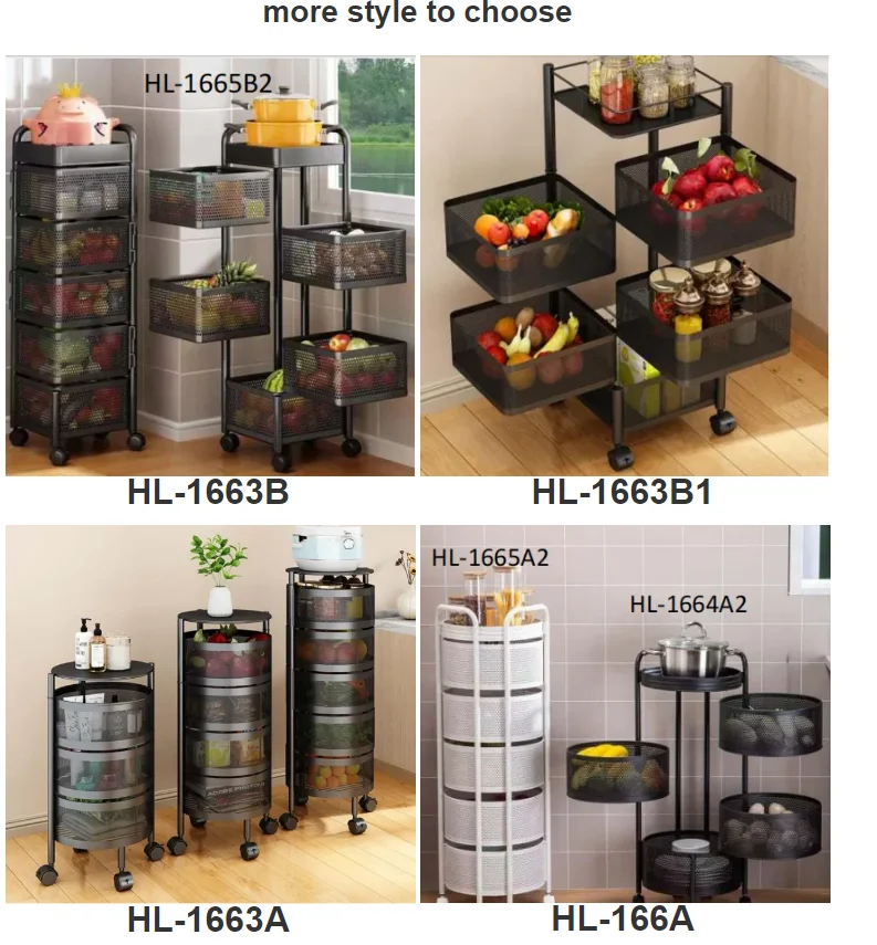 Square Round Basket Storage Rack Kitchen Rotating Storage Rack Fruit Vegetables Metal Storage Cages Cart With Wheels