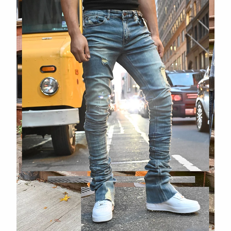 custom stacked jeans men trousers denim good quality  wholesale men stacked jeans
