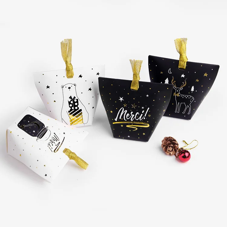 In Stock Christmas White Black Hot Stamping Star Gift Paper Bag Logo Custom Candy Box