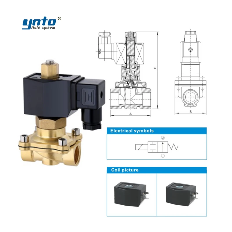 YNTO 15-50mm Brass Direct lifting diaphragm solenoid valve 2/2 way normally open type solenoid valve for air water gas