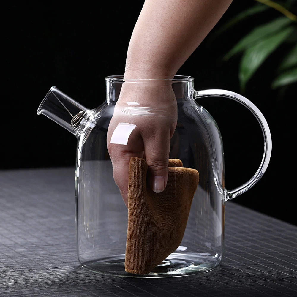 Large Capacity 1000ml  Handmade High Borosilicate Heat Resistant Clear Glass Teapot With Bamboo Lid With Glass Handle