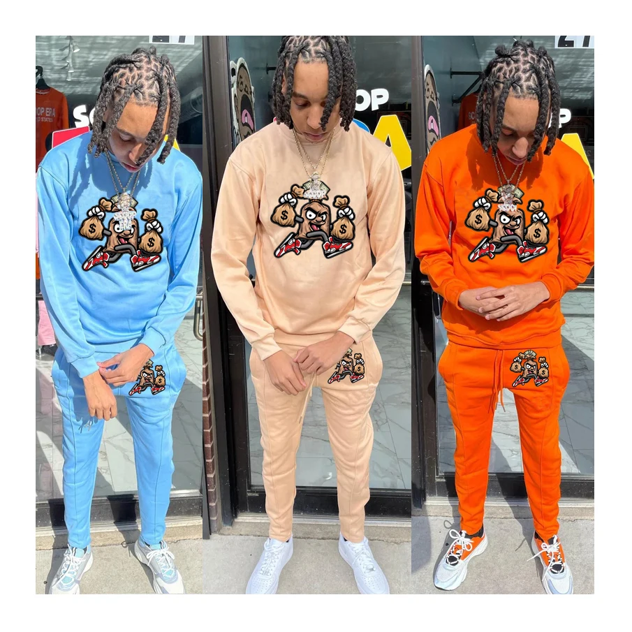 Custom Embroidered Printed Logo Men Tracksuit Cotton Polyester Two Piece Pants Set