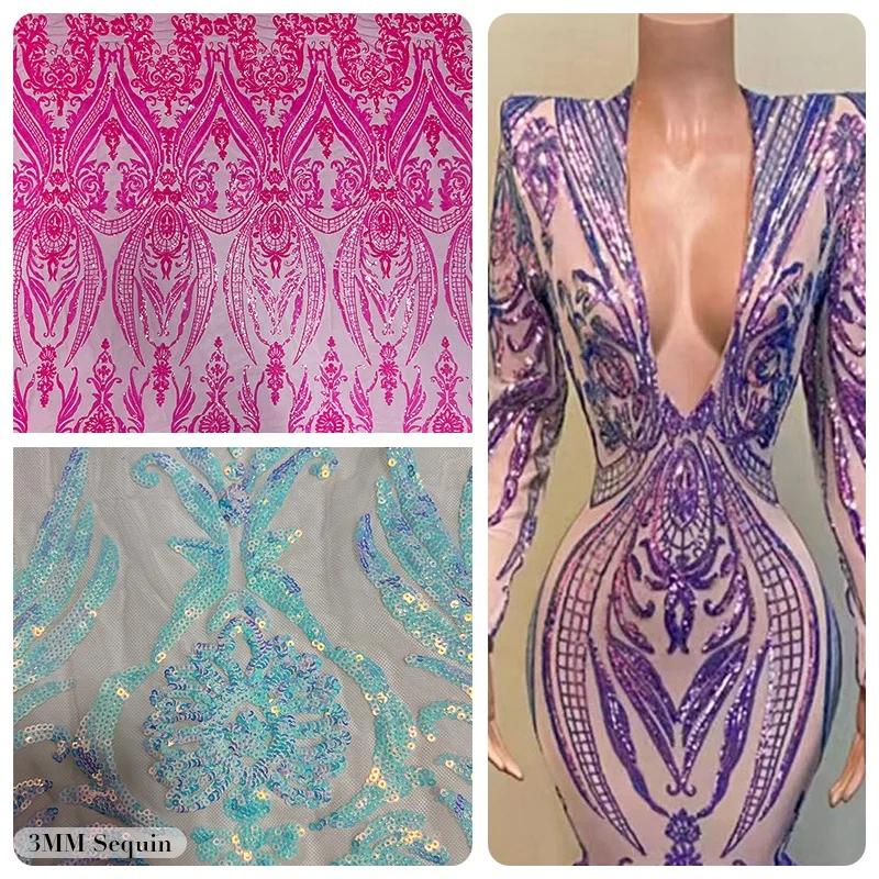 OEM Italy Hot Sale Dress Fabric High Quality 3MM Sequin Lace Embroidery Fabric for wedding dress