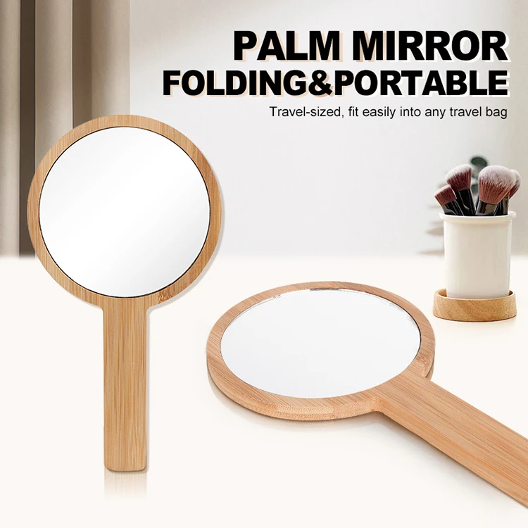 wholesale custom portable small round handheld makeup mirror bamboo framed hand cosmetic mirror with private label for travel