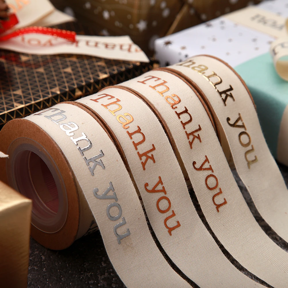 Custom Printed Logo Ribbon Cotton Singe Face Flowers  Dold Foil Printed Cotton Ribbon Drawstring Logo Cotton Ribbon Printing