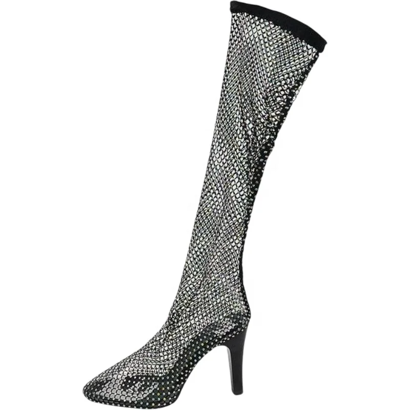 Summer New Arrival Luxury Rhinestones Thigh-High Knee High Boots Sexy Pointy Chunky Heel Stocking Mesh Cool Boots For Women