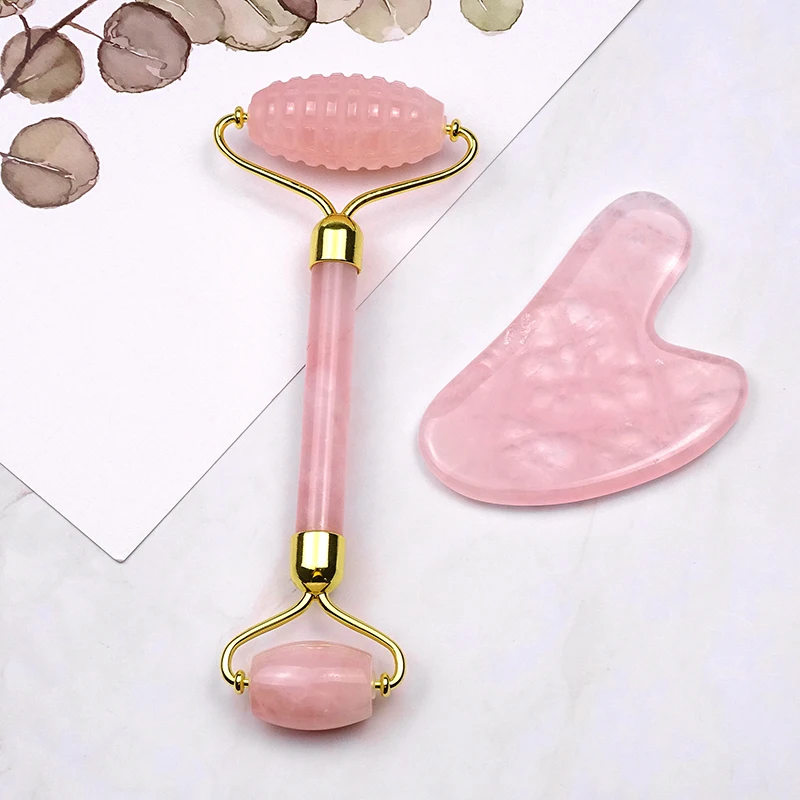 
 100% Jade Body massage guasha rose quartz facial Massage Roller Pink spiked Jade Roller guasha set  