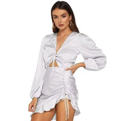 New summer long sleeve V collar creative pleated hem slim skirt sexy dress