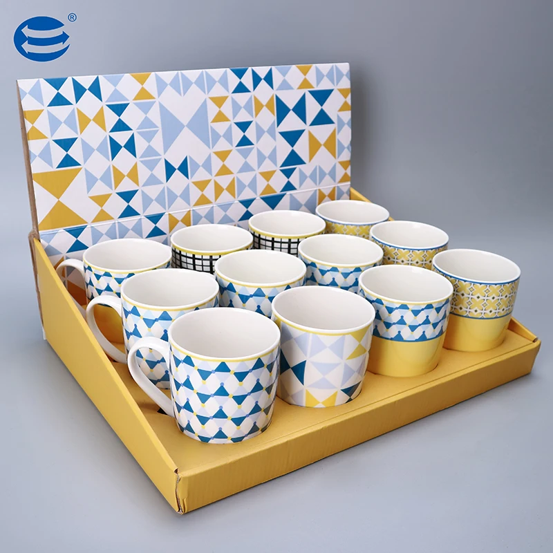 Ceramic Graphic Geometric Design Tea Cup Gift Box Logo 300ml Porcelain Hot Coffee Water Mug Print 11oz Yellow Blue Mugs Modern