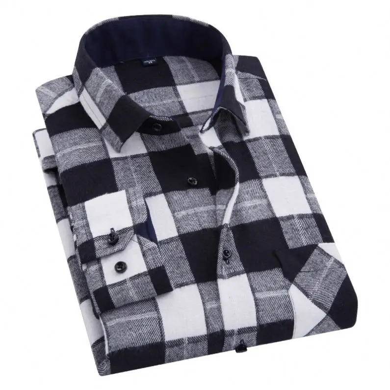OEM/ODM camisas sky blue and black plaid custom Hexagonal cuff single pocket Turn-down Collar full sleeves flannel shirt for Men