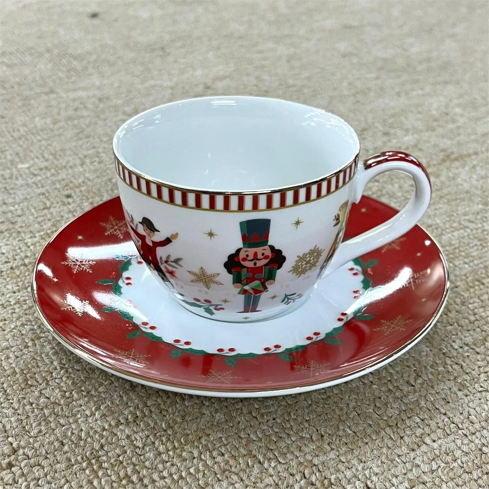 Gold Trim Ceramics Fine Bone China Holiday Vibe Tea Coffee Cup and Saucer Set