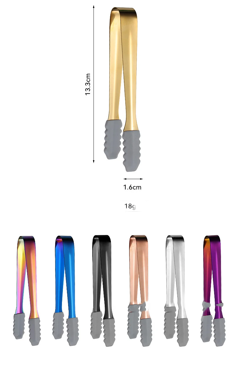 Custom Logo Titanium Plated Color Kitchen Bar Tools 13.3cm 304 Stainless Steel Ice Bucket Clamp Clip Tongs With Silicone Head