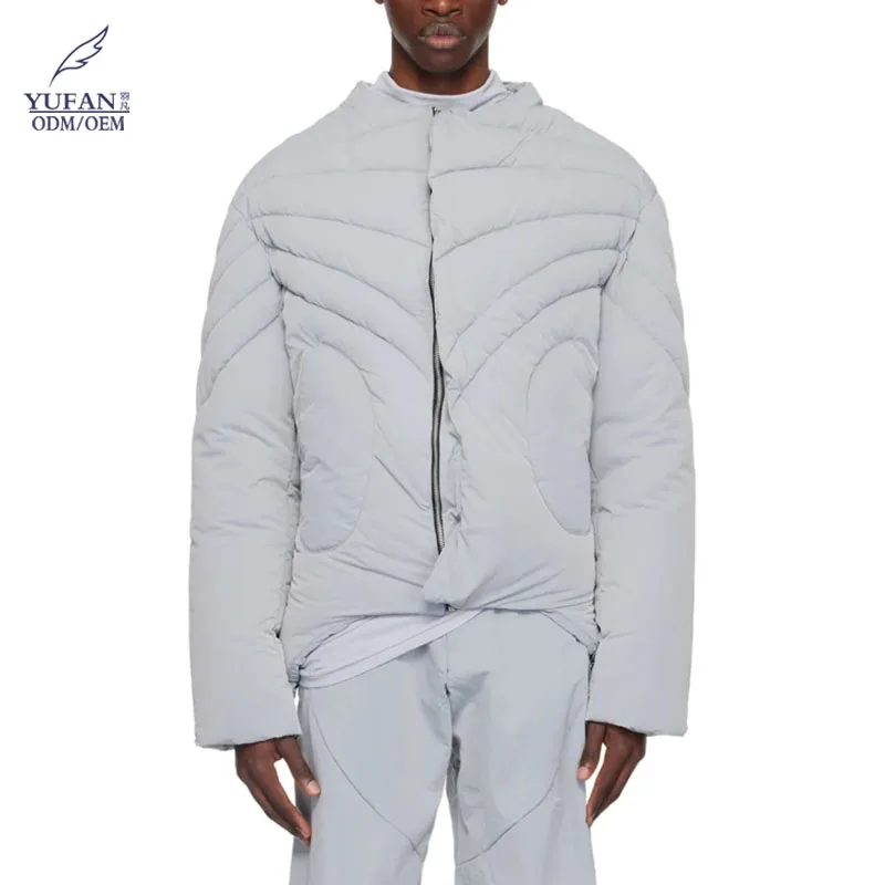 YuFan Custom Insulated Quilted Crinkled Nylon Taffeta Puffer Jacket Gray Round Neck Windproof Down Jacket