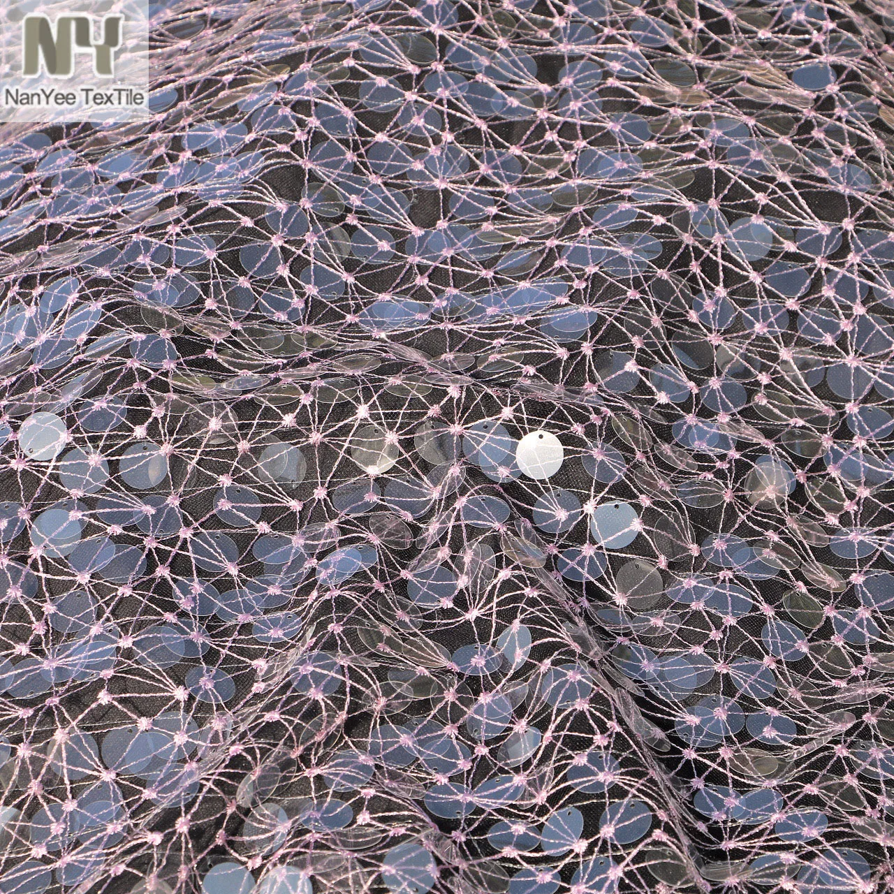 Nanyee Textile Pink Lurex Spider Net Starburst Embroidery Mesh 18MM Transparent Sequins