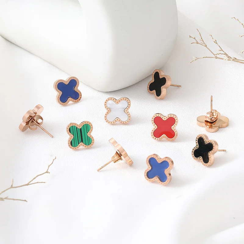 High Quality Jewelry Fashion Designer Brand Luxury Stainless Steel 18k Gold Plated Four Leaf Clover Earrings For Women