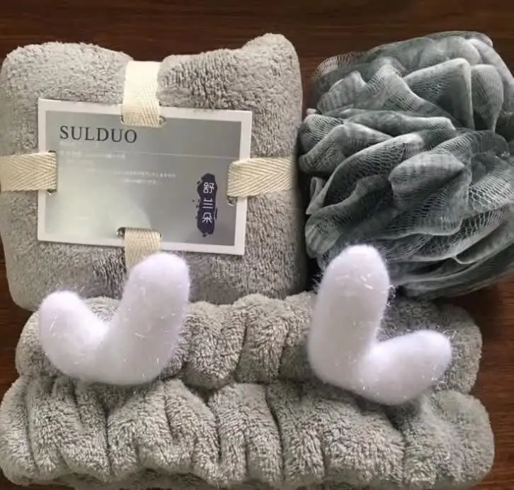 Thick Coral fleece Bath 3 Pcs Towel Set hand towel headband sponge