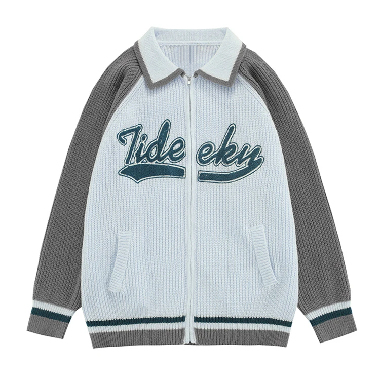 2024 causal polo zipper cardigan sweater stripes embroidery cable knit sweater long sleeve winter  breathable knitted sweater