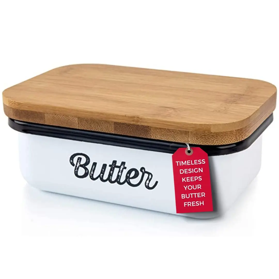 Ceramic Butter Dish with Lid for Countertop Keeper Butter Holder Farmhouse Butter Dish with Wooden Lid