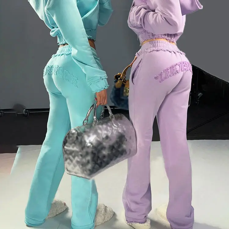 Manufacturer Custom Distress Patch Rhinestone Tracksuit 2pc Flared Sweatpants And Hoodie Acid Wash Cropped 2 piece Set For Women