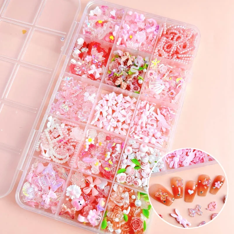 15 Grid Set Bow knot Nail Decoration Multiple Aurora Bear Pearl Mixed Set Box Resin Nail Charms Wholesale