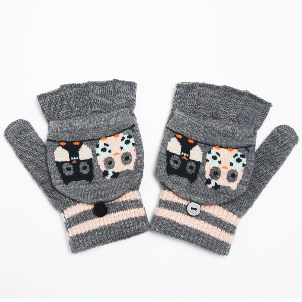 Jacquard Fingerless Knitted Animal Pattern Mittens Convertible Flip Top Cute Kids Winter Gloves with Flap Cover for Boys Girls