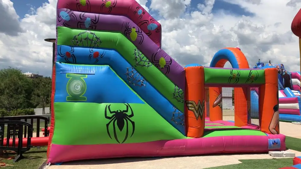 
Amusement park giant supper hero theme inflatable bouncy castle funny inflatable fun city air jumping obstacle 
