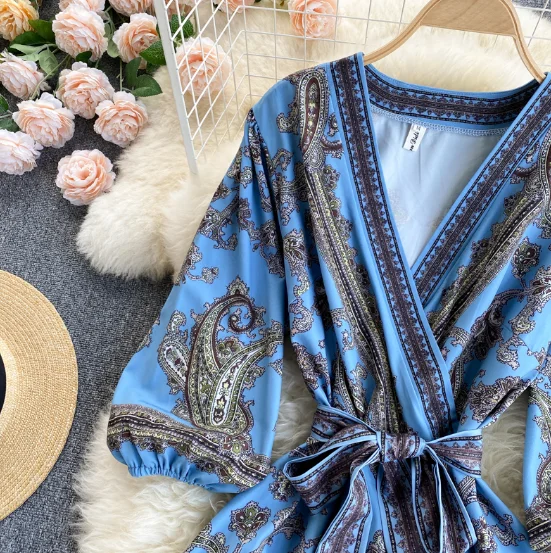 European and American INS new print long holiday skirt V neck tie waist dress women