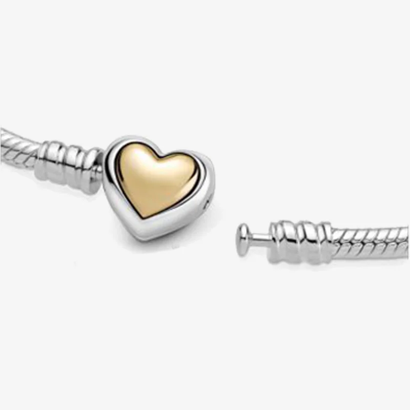 Charms 925 Sterling Solid Silver Bracelet Heart T-Bar Cuff Chain Sparkling Blue Disc Clasp Snake Chain Bracelet Women Jewelry