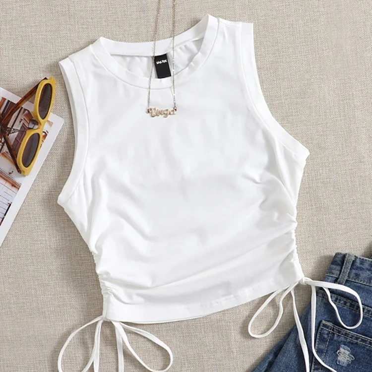 Women Sleeveless Tank Tops Ribbed Drawstring Side Ruched Basic Crop Tank Top Ladies