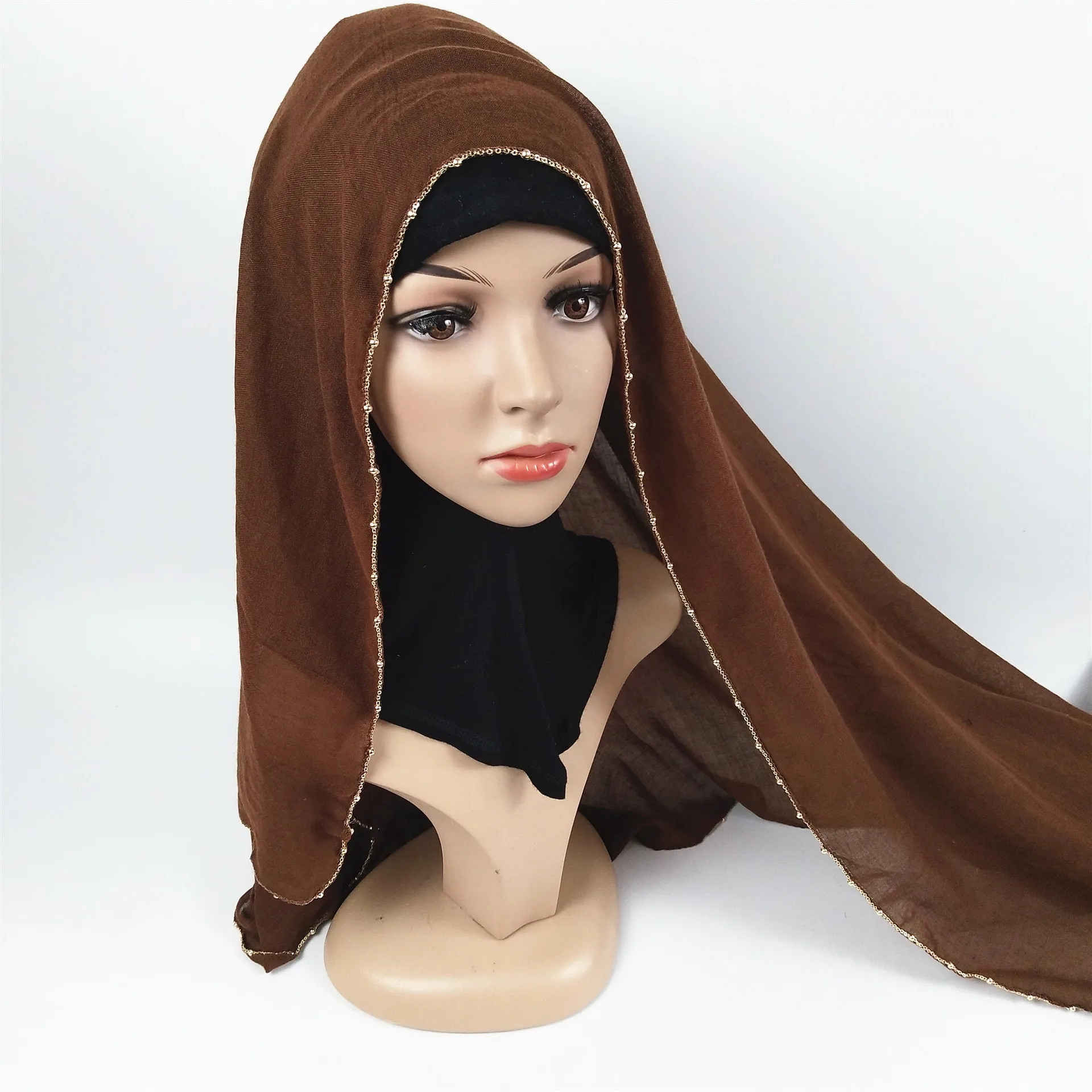 Popular Bling Gold Ball Chain Soft Cotton Hijab Muslim Hijab Shawl Turban Arab Girls chiffon Hijabs