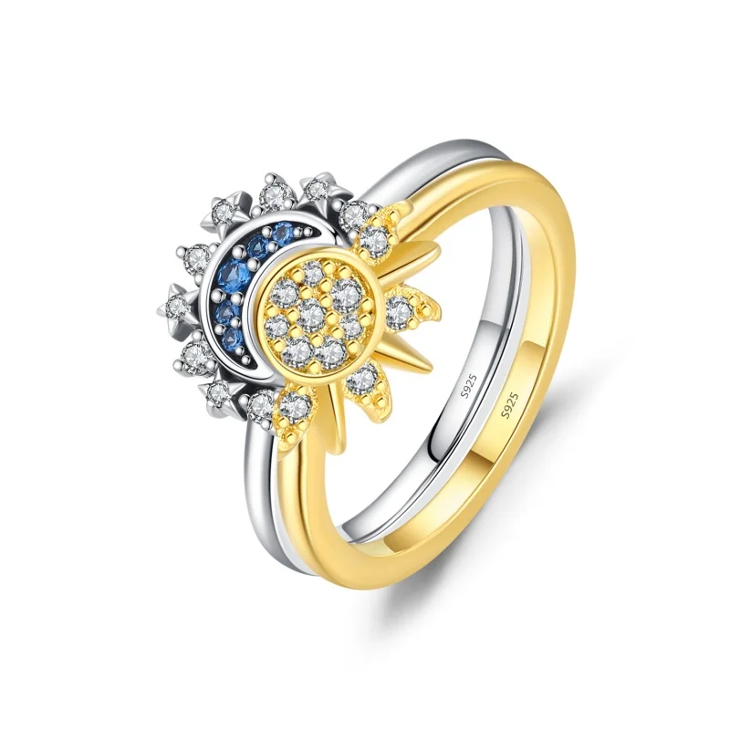 New Couple Ring Set Sky Blue Sparkling Moon and Sun Zircon 925 Silver Opening Rings for Pandor Holiday Gift Wedding Jewelry