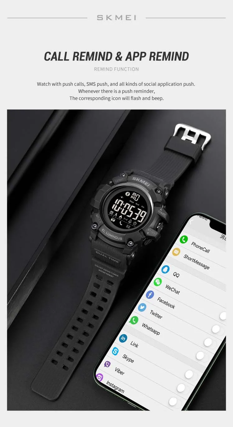 SKMEI 2053 fashion super black mens smart watch latest Silicone band bluetooth step counting running sports watch supplier