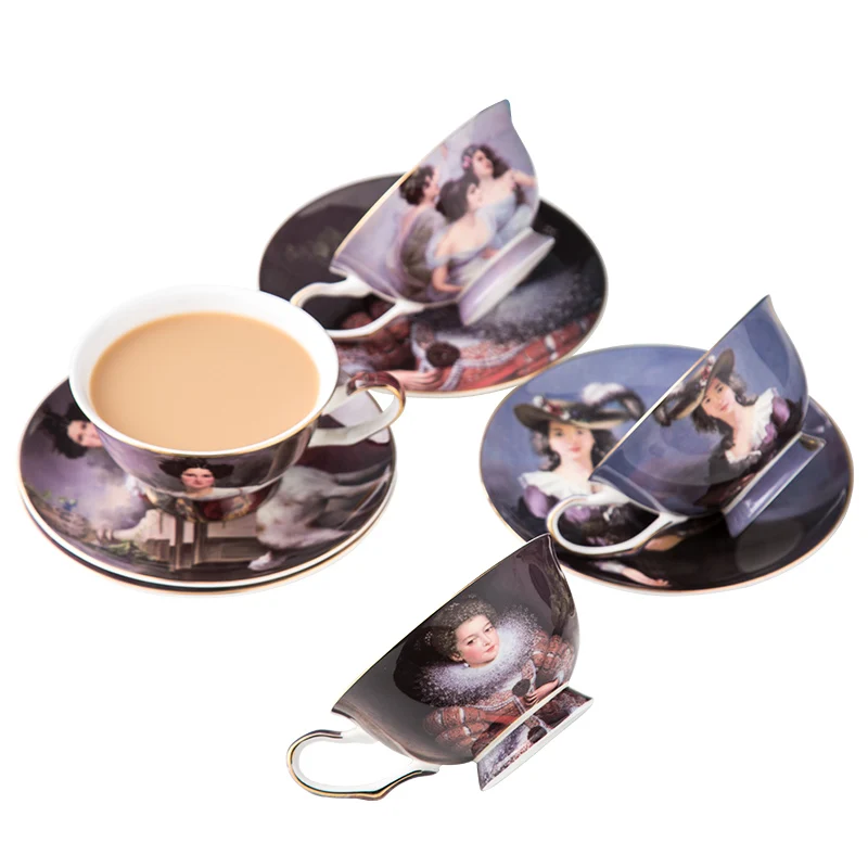 Elegant ladies oil painting design ceramic bone china cup and saucer vintage tea cups