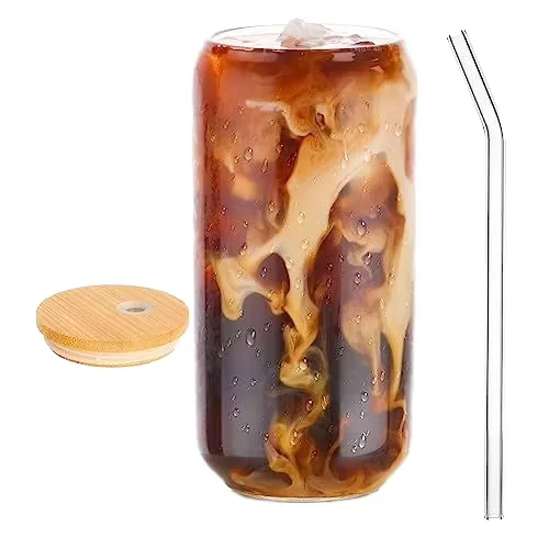 Hand blown borosilicate 16oz Can shaped beer glasses with bamboo lid and glass straw for tea juice straw brush as a gift